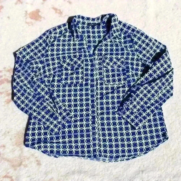 ADRIENNE VITTADINI Patterned Roll Tab Sleeve Silky Button Up Blouse Top Women XL - Picture 2 of 10